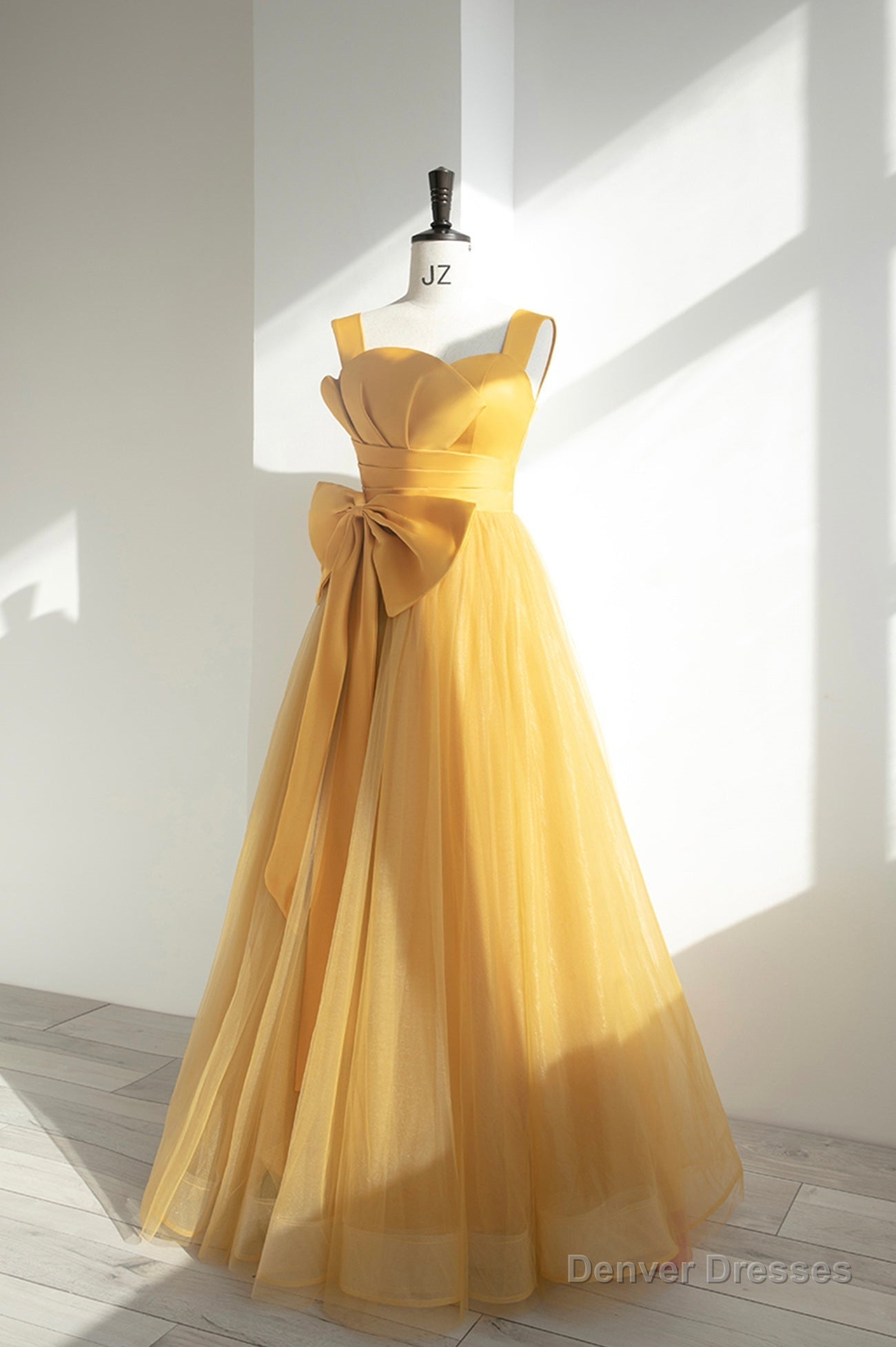 Yellow Satin Tulle Long Prom Dress, A-Line Evening Dress with Bow Main image