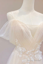 Champagne Tulle Long Prom Dress, Lovely Lace Formal Evening Dress