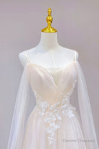 Champagne Tulle Long Prom Dress, Lovely Lace Formal Evening Dress