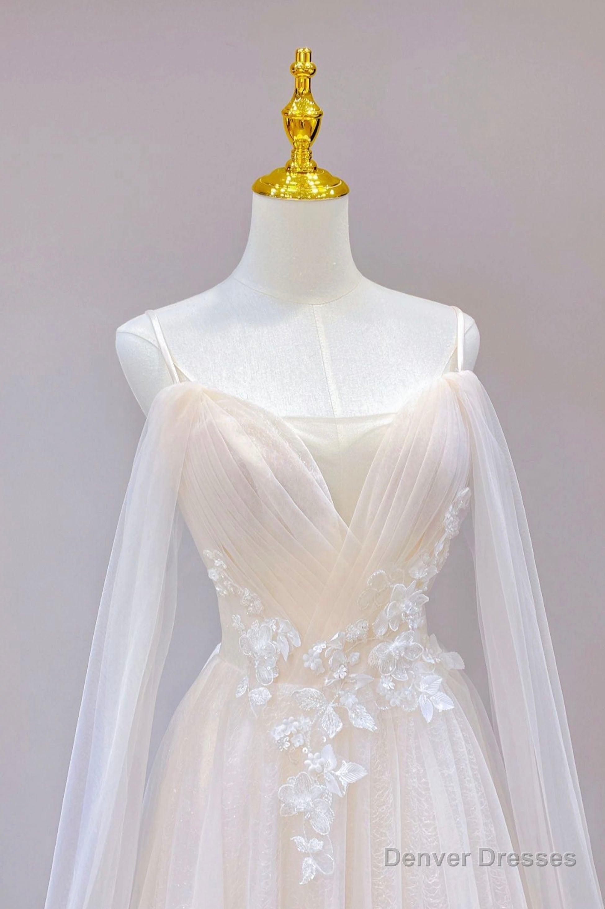 Champagne Tulle Long Prom Dress, Lovely Lace Formal Evening Dress