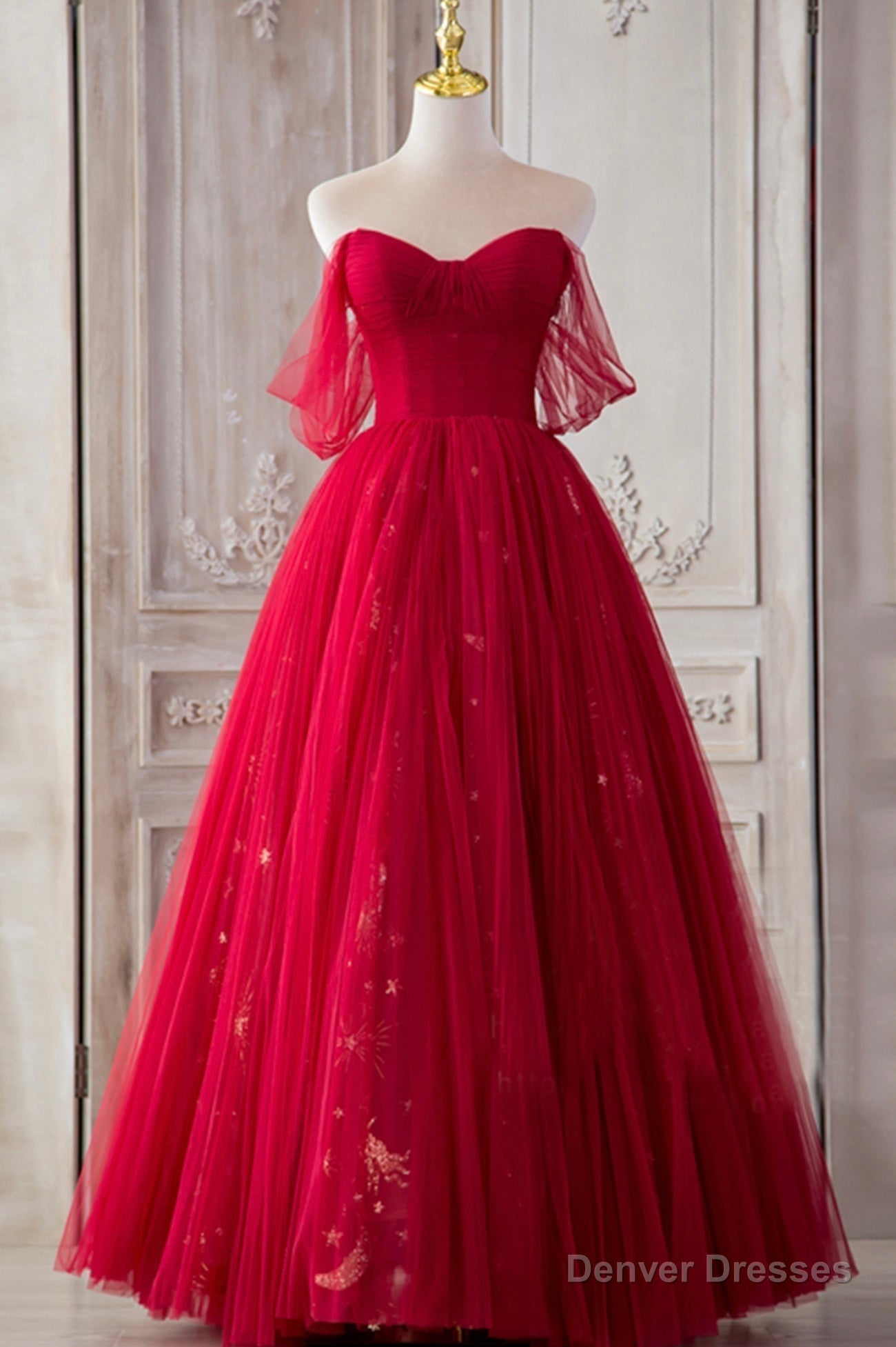 Red Tulle Long Prom Dresses, A-Line Off the Shoulder Formal Dresses Main image