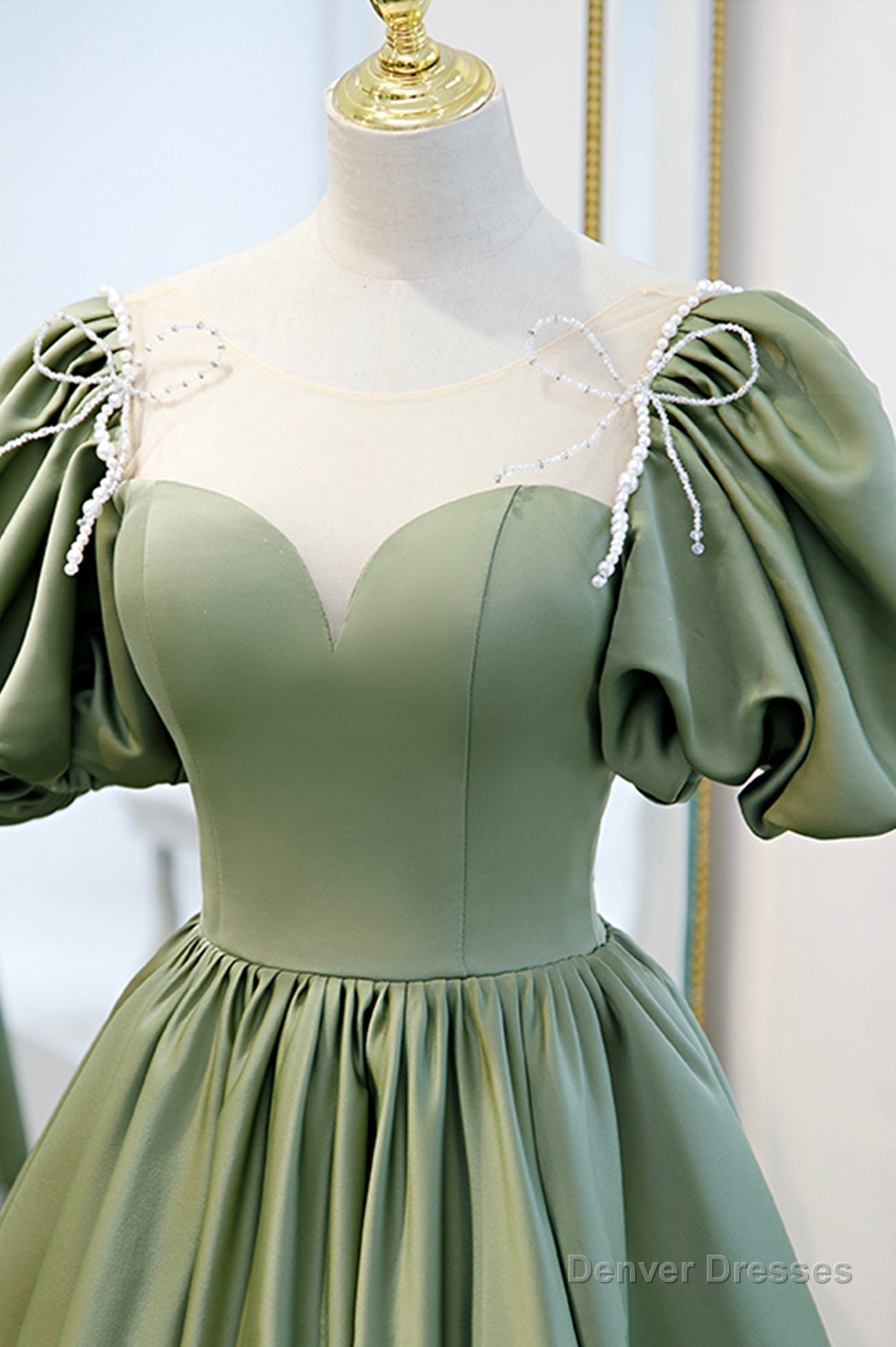 Green Satin A-Line Long Formal Dress, Green Junior Prom Dress Secondary image