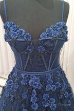 Blue Spaghetti Strap Tulle Appliqu篓娄d Long A-Line Prom Dress