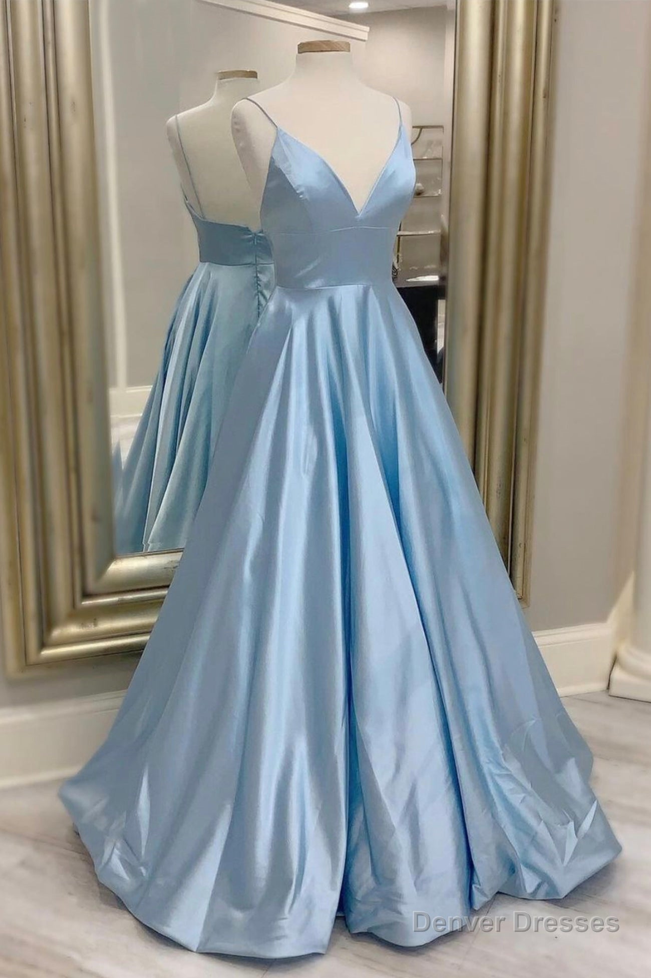 Blue V-Neck Satin Long Prom Dresses, Simple A-Line Evening Dresses Main image