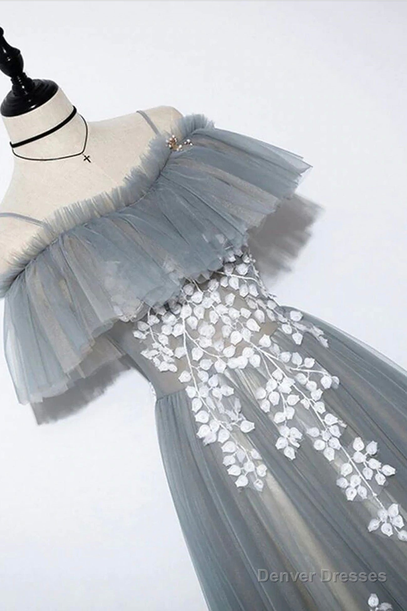 Gray Tulle Lace Long Prom Dress, A-Line Evening Dress Secondary image