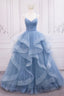 Blue V-Neck Tulle Long Formal Gown, A-Line Blue Evening Dress