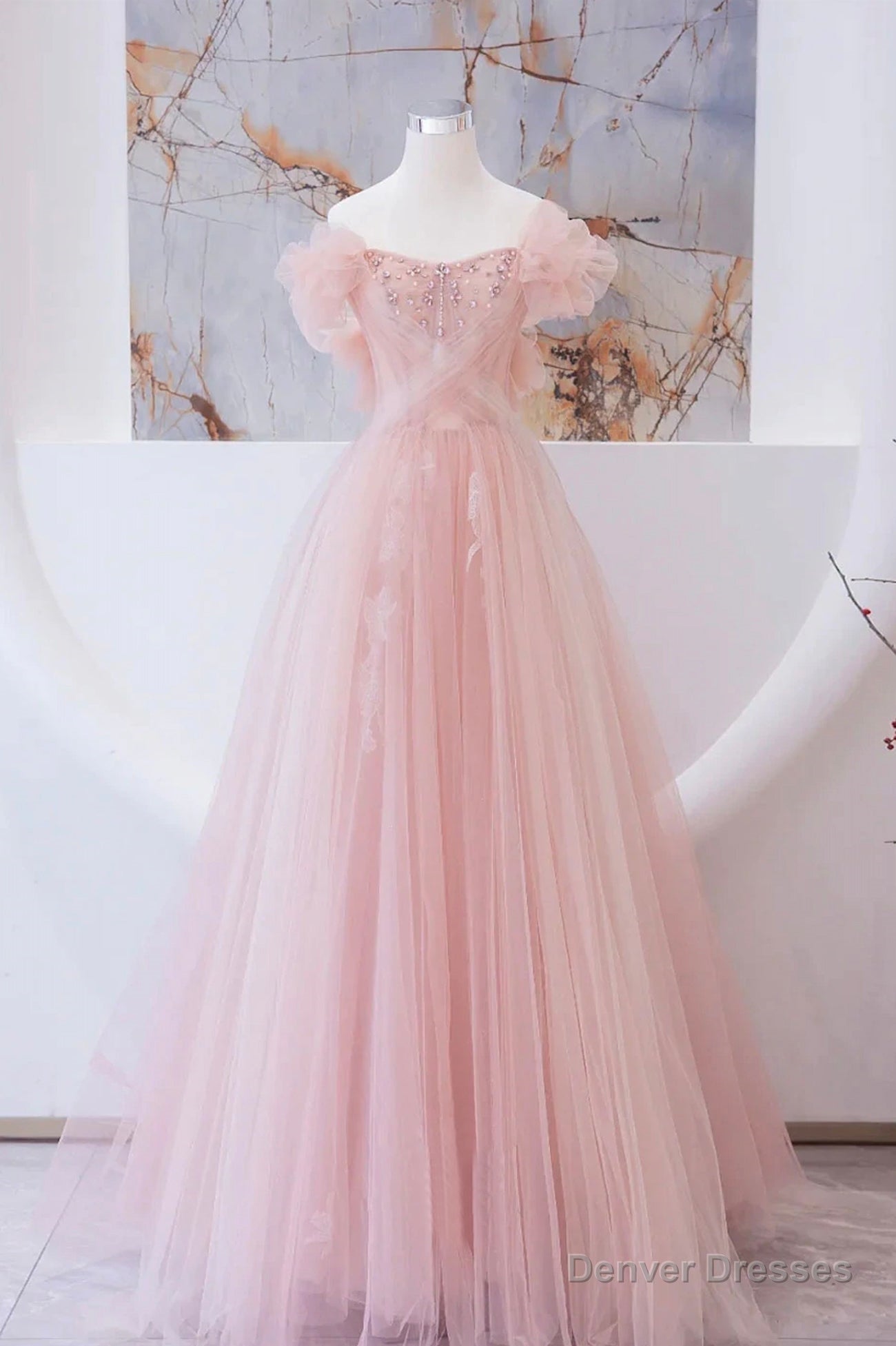 Pink Tulle Beaded Long Prom Dress, A-Line Evening Party Dress Main image