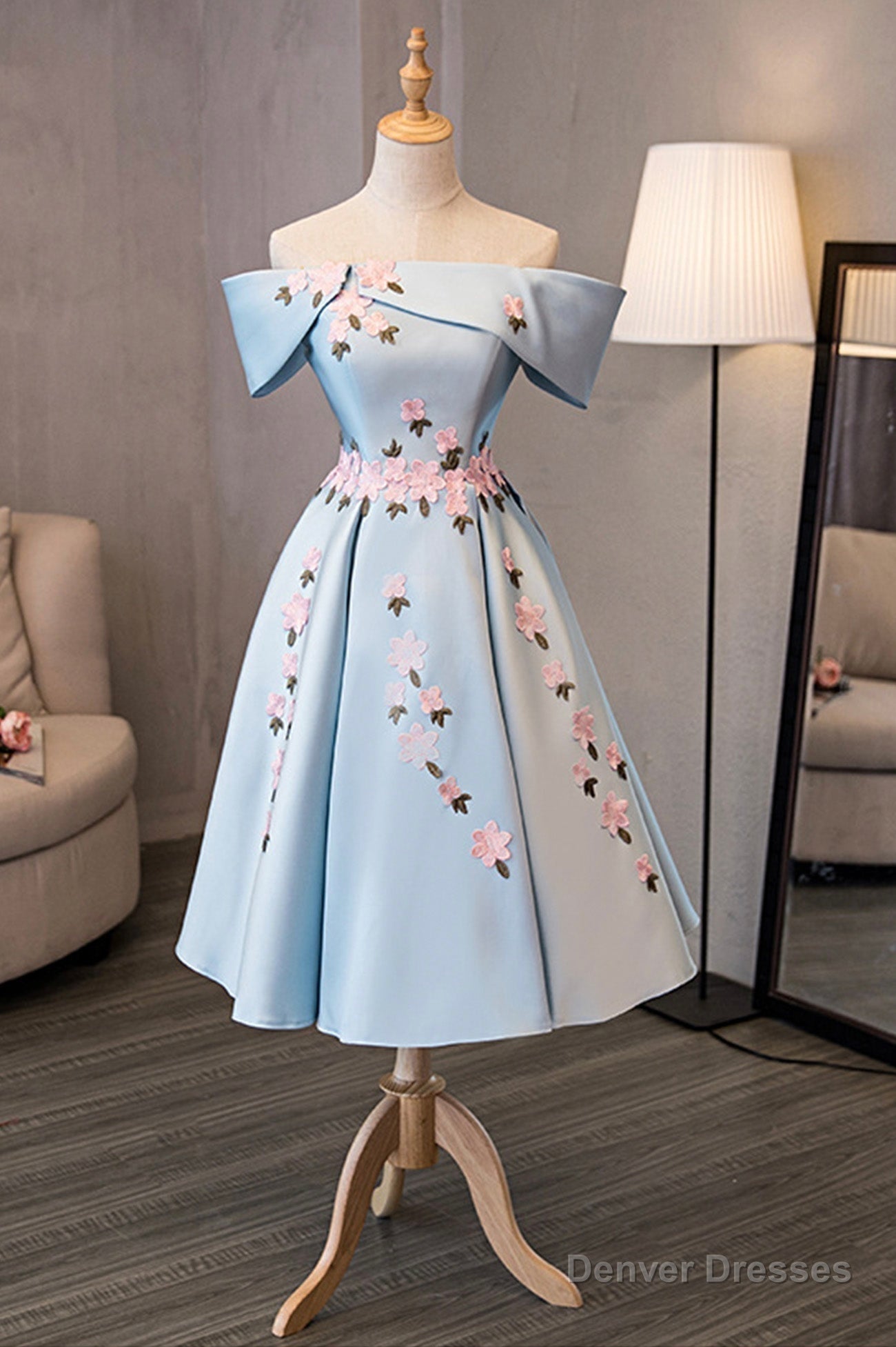Blue Satin Off the Shoulder Prom Dresses, A-Line Homecoming Dresses Main image