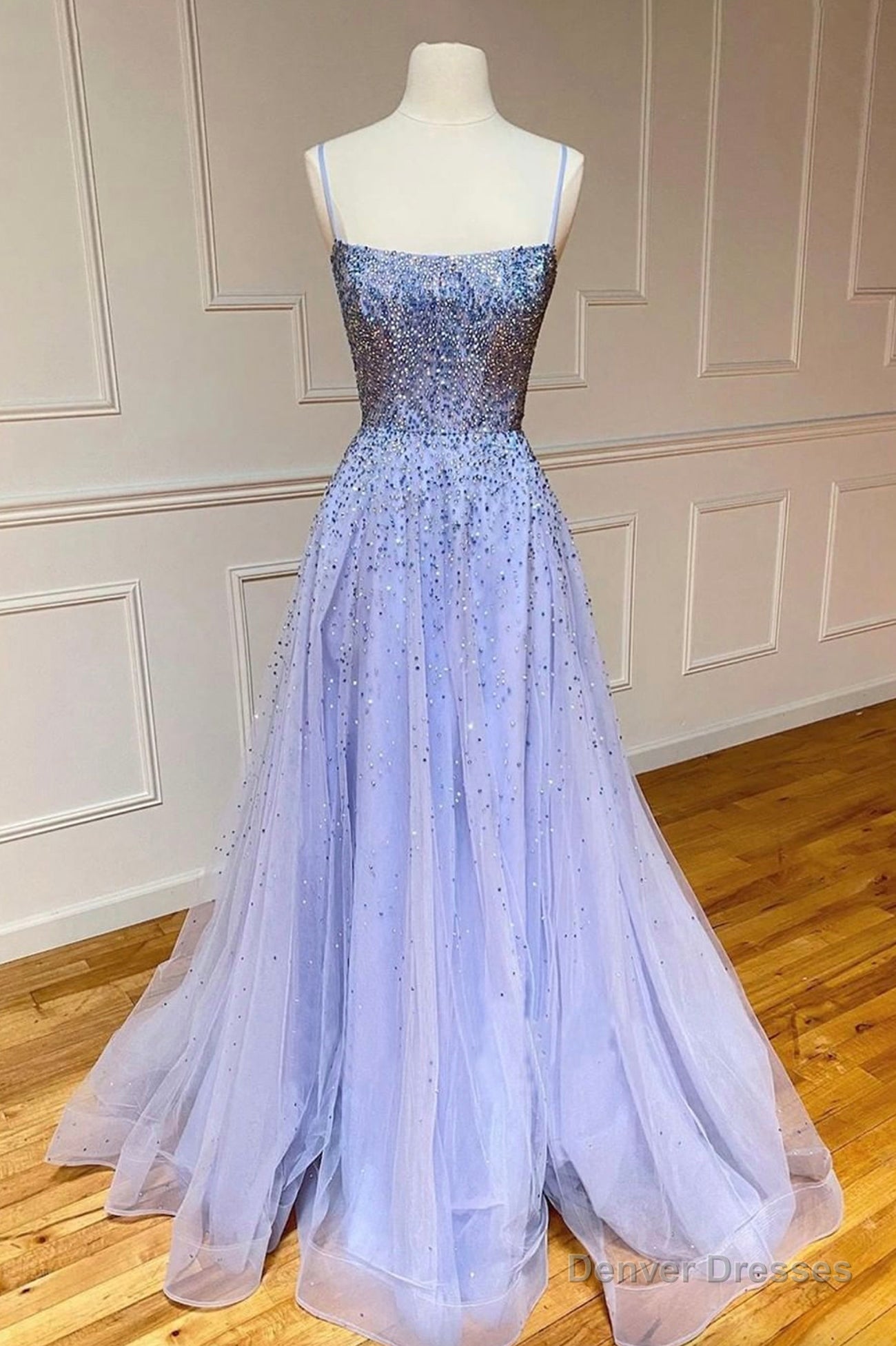 Stylish Tulle Pearl Long Prom Dresses,  A-Line Backless Evening Party Dresses Main image