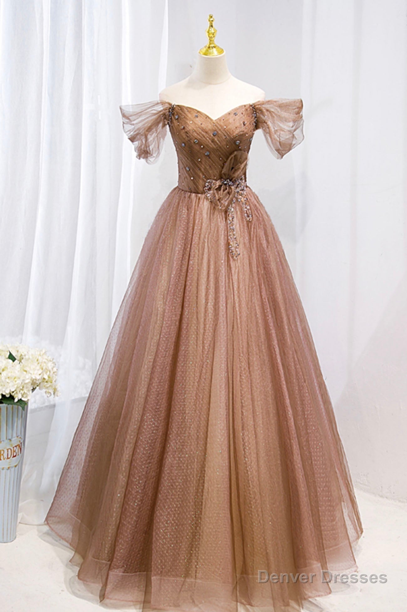 Off the Shouler Long Formal Dresses, A-Line Tulle Formal Evening Dress Main image