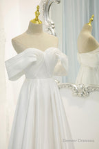 White Satin Long Prom Dress, Off the Shoulder Evening Dress