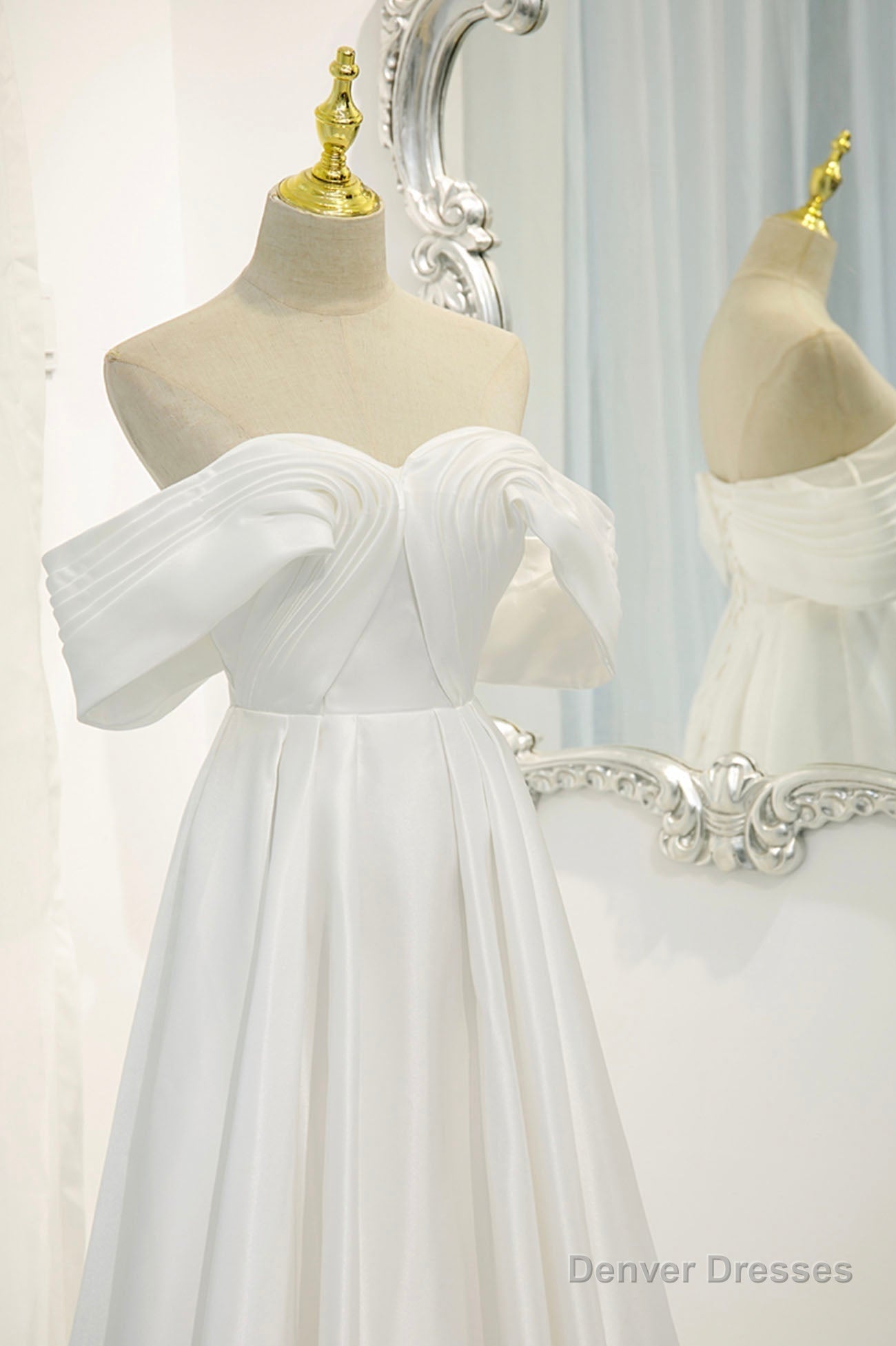 White Satin Long Prom Dress, Off the Shoulder Evening Dress
