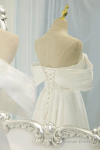 White Satin Long Prom Dress, Off the Shoulder Evening Dress