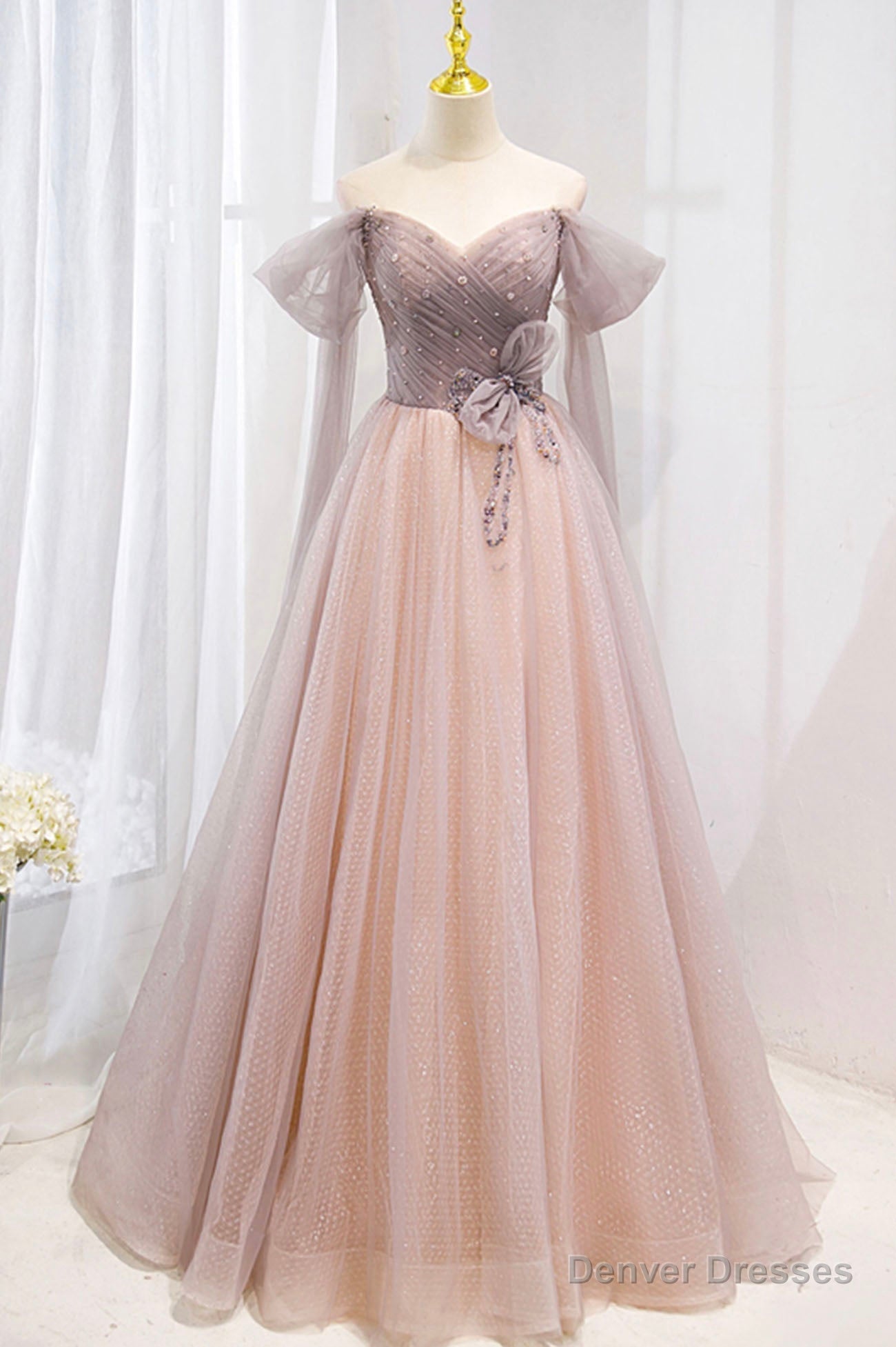 Pink Tulle Beaded Long Prom Dress, Off the Shoulder Evening Dress Main image
