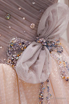 Pink Tulle Beaded Long Prom Dress, Off the Shoulder Evening Dress