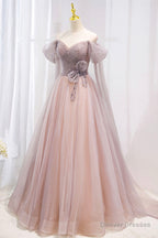 Pink Tulle Beaded Long Prom Dress, Off the Shoulder Evening Dress