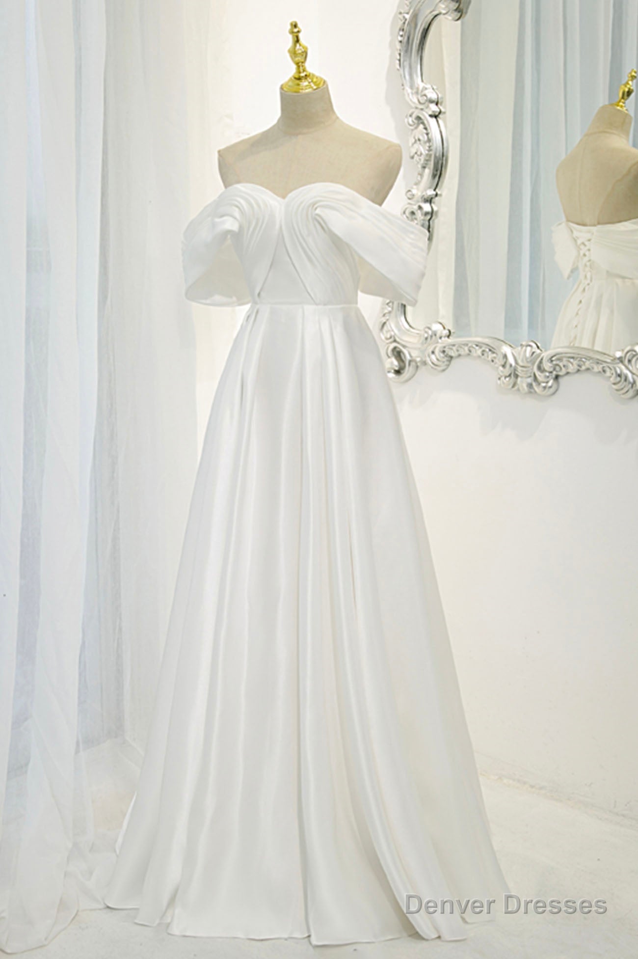 White Satin Long Prom Dress, Off the Shoulder Evening Dress Secondary image