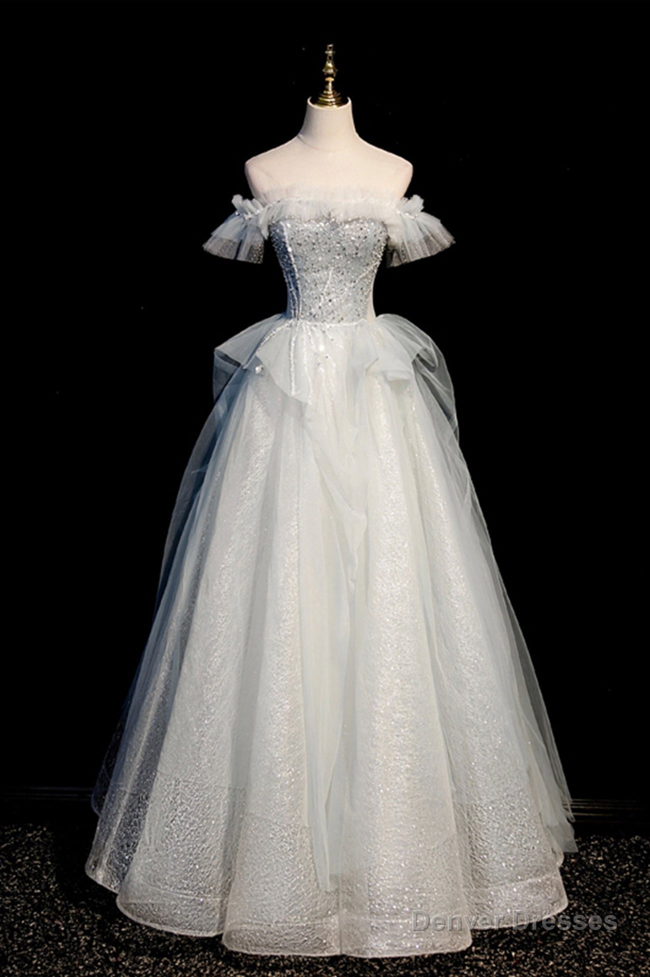 Off the Shoulder Tulle Long Prom Dress, A-Line Evening Dress