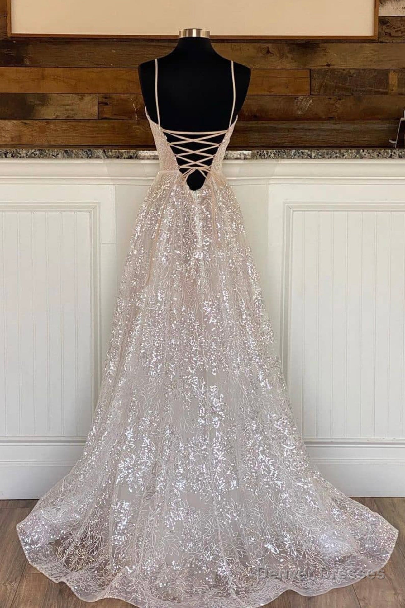 A-Line Tulle Sequins Long Prom Dresses, Spaghetti Straps V-Neck Evening Dresses Secondary image