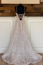 A-Line Tulle Sequins Long Prom Dresses, Spaghetti Straps V-Neck Evening Dresses