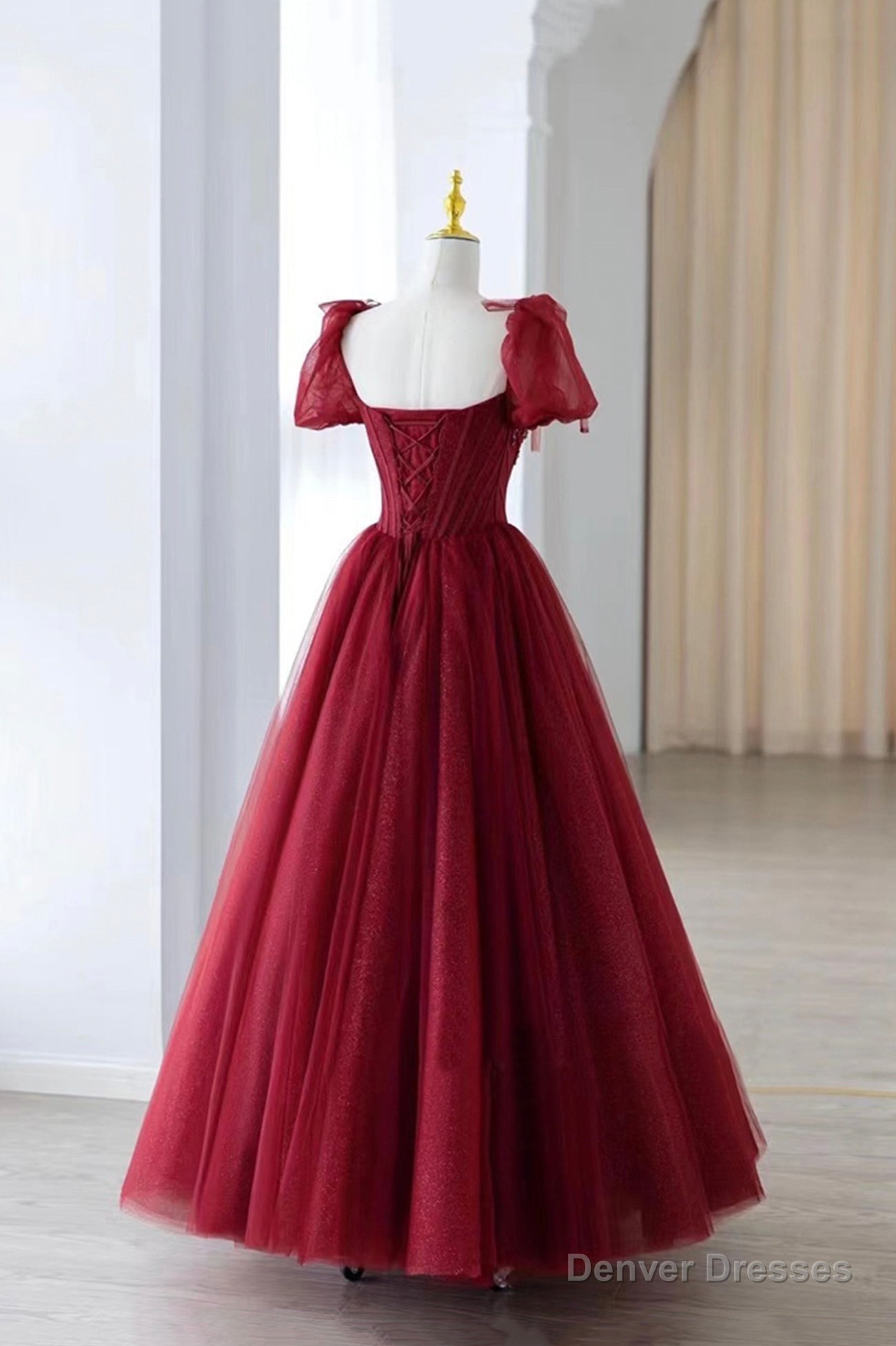Burgundy Tulle Beaded Long Prom Dress, A-Line Formal Evening Dress Secondary image