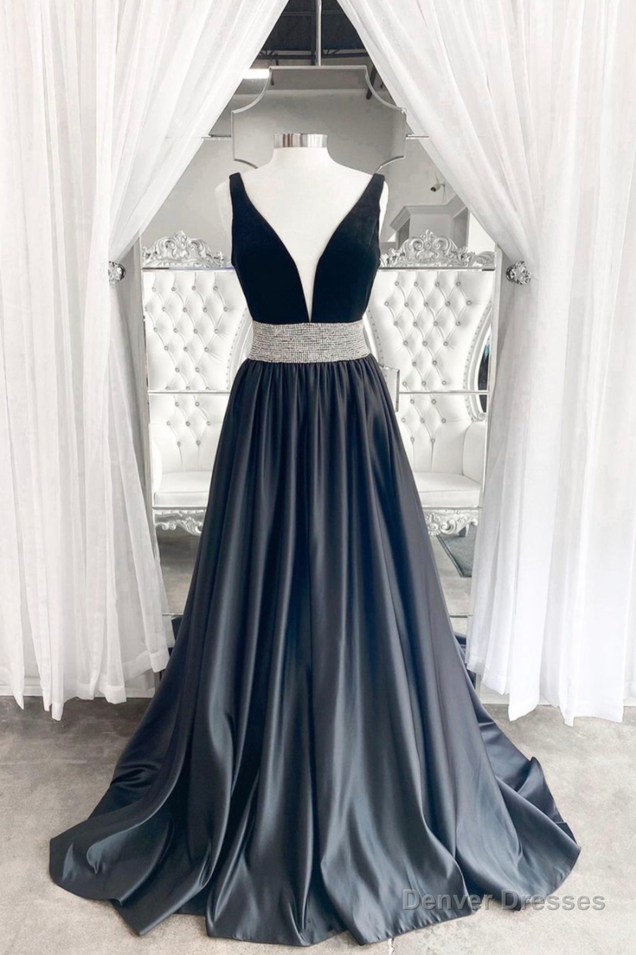 Black A-Line Velvet Long Prom Dress, Black Evening Dresses Main image