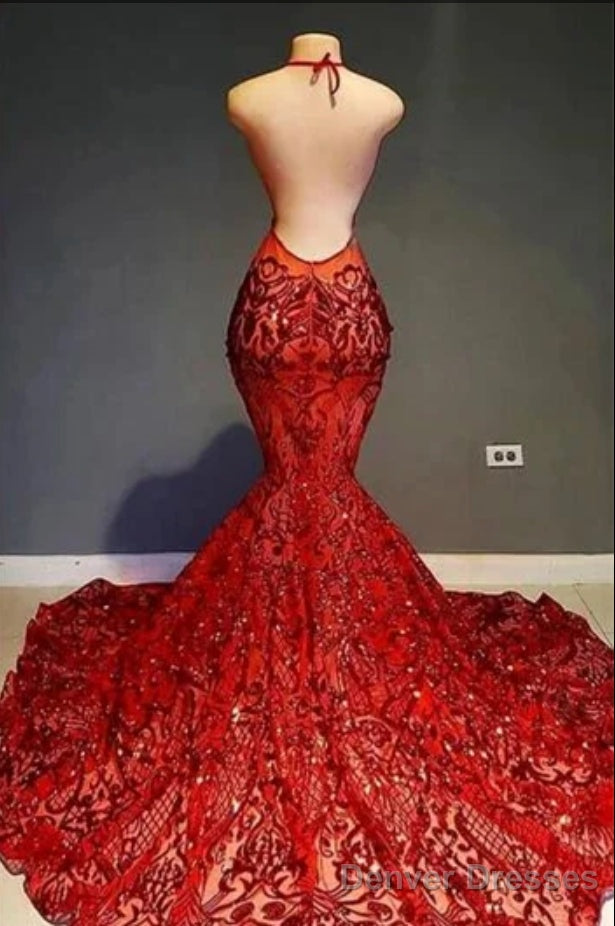 Red Halter Mermaid Prom Dress With Sequins Lace Secondary image