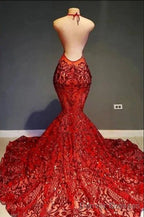 Red Halter Mermaid Prom Dress With Sequins Lace