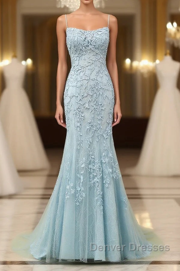 Mermaid Blue Long Prom Dress Backless Evening Dress