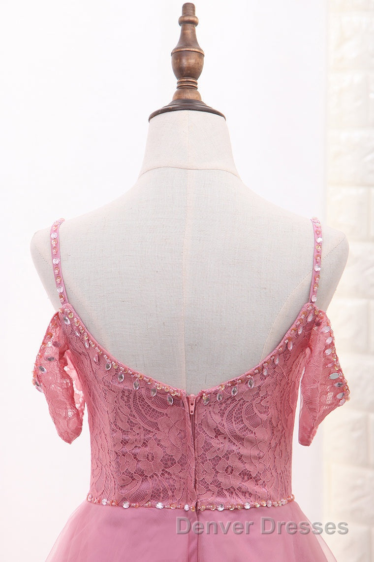 Chic Tulle Lace Spaghetti Strap With Beading Homecoming Dress