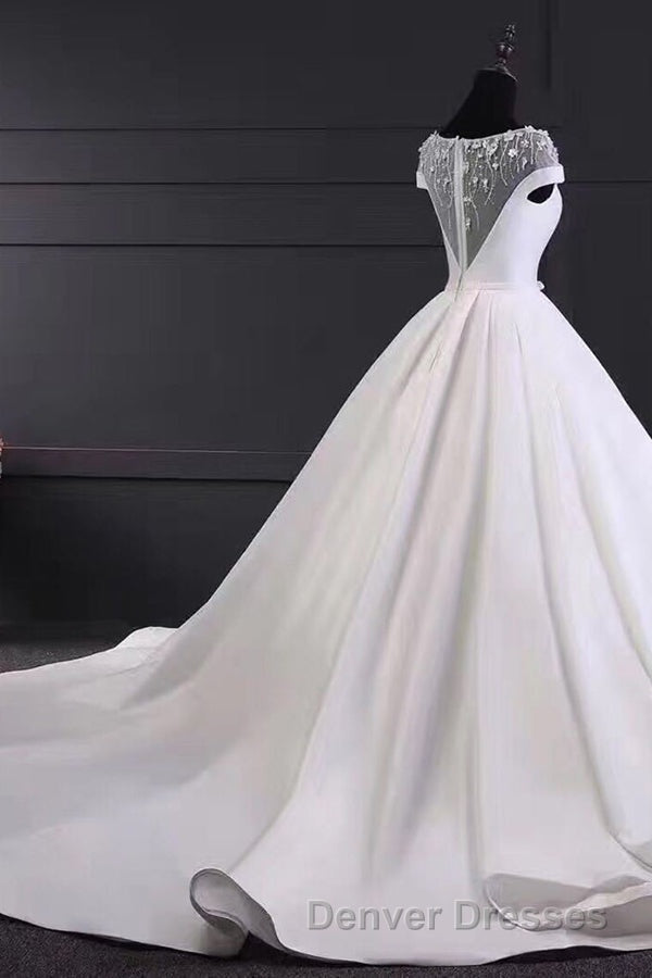 Chic Round Neck Lace Satin Short Sleeves Long Ball Gown Wedding Dress Secondary image