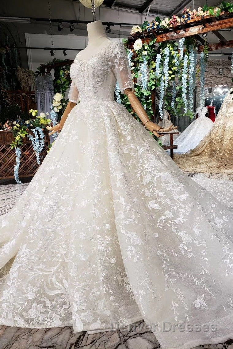 Luxury Lace Wedding Dress Scoop Half Sleeves Appliques Ball Gown Secondary image