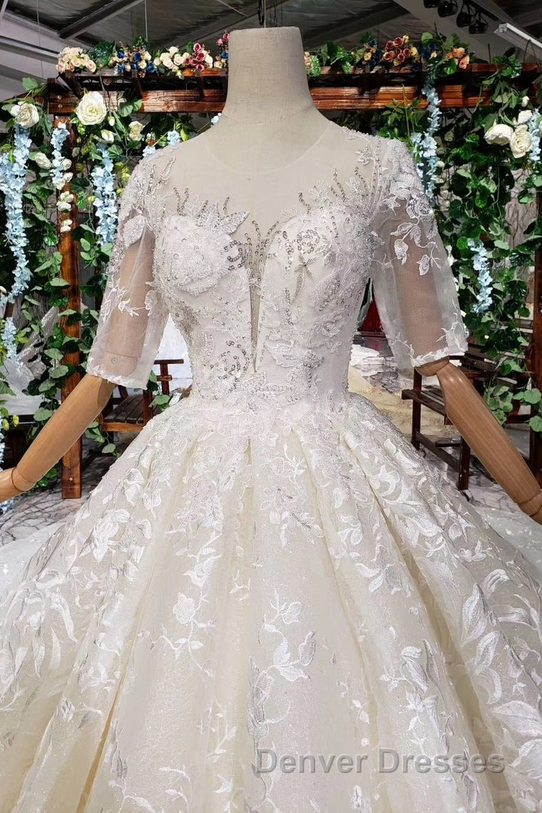 Luxury Lace Wedding Dress Scoop Half Sleeves Appliques Ball Gown