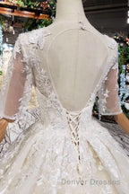 Luxury Lace Wedding Dress Scoop Half Sleeves Appliques Ball Gown