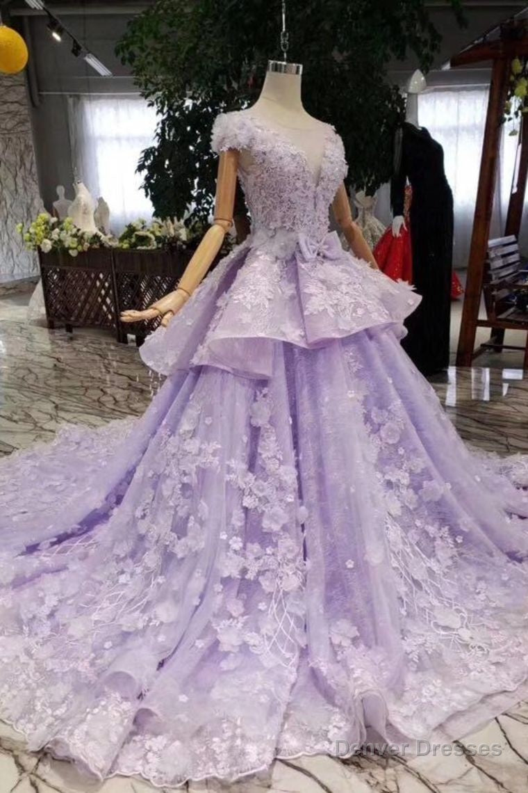 Lilac Ball Gown Short Sleeve Prom Dresses with Long Train, Gorgeous Quinceanera Dress Secondary image