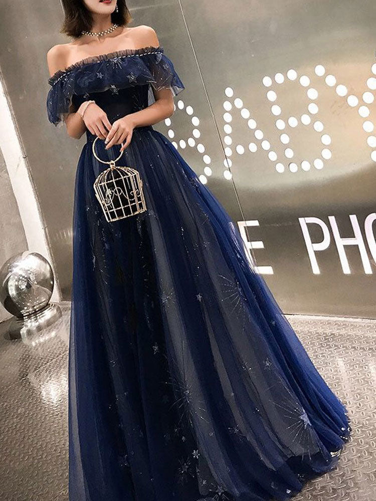 A-Line Prom Dresses Elegant Dress Wedding Guest Party Wear Floor Length Short Sleeve Off Shoulder Tulle with Embroidery Tiered Secondary image