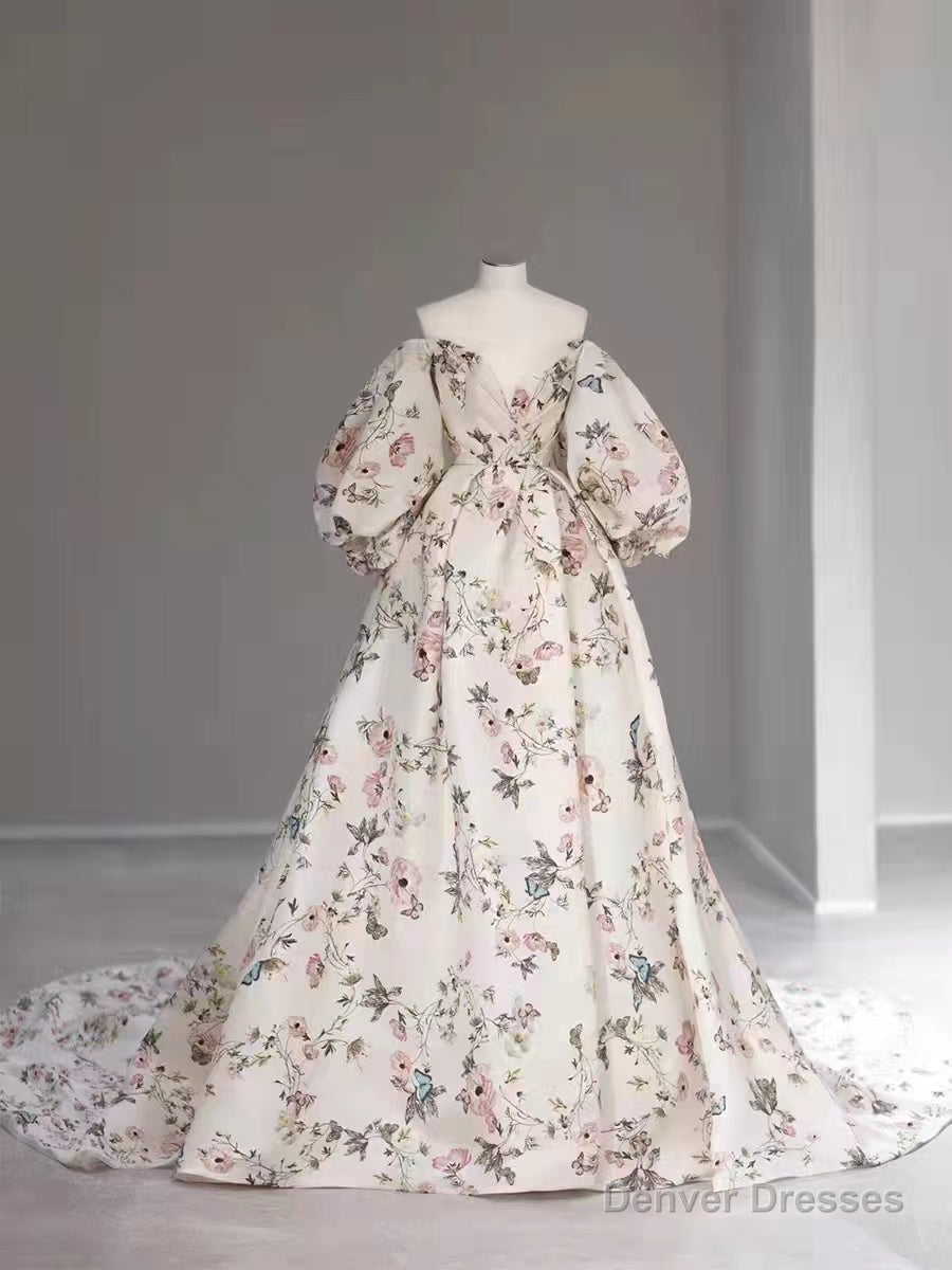 Bubble Sleeves A-line Prom Dresses, Elegant Floral Long Prom Dresses, Popular Wedding Guest Dresses Secondary image