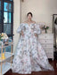 Bubble Sleeves A-line Prom Dresses, Elegant Floral Long Prom Dresses, Popular Wedding Guest Dresses