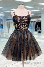 Black Spaghetti Straps Appliques Tulle Short Homecoming Dress