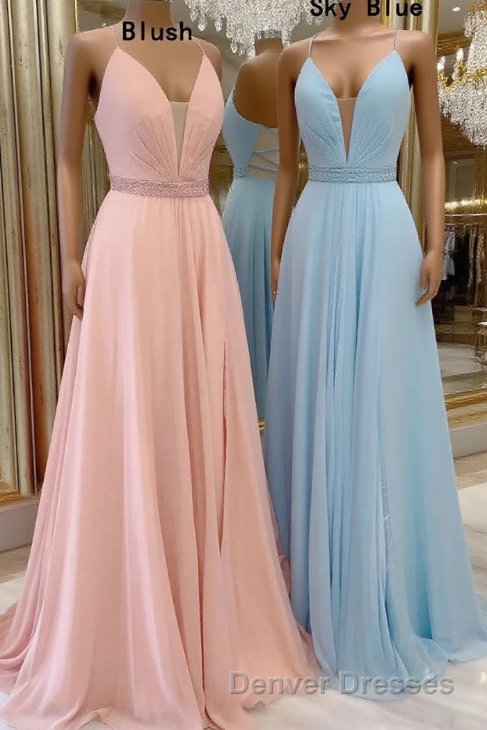 A-line V Neck Sleeveless Chiffon Sweep Train Prom Dress With Beading Pleated Main image