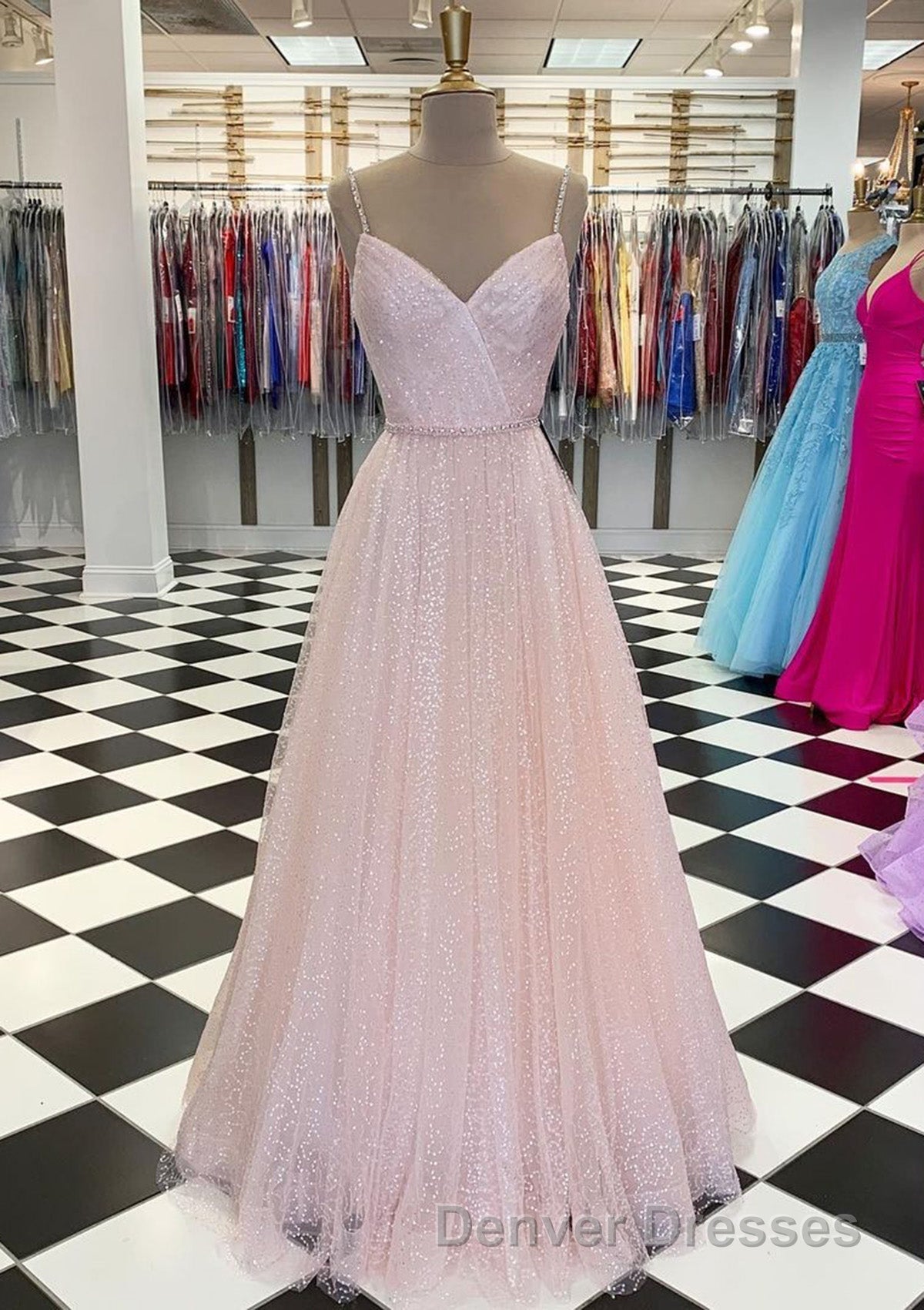 Lavender Prom Dress, A-line V Neck Spaghetti Straps Long/Floor-Length Tulle Prom Dress With Beading Sequins Secondary image