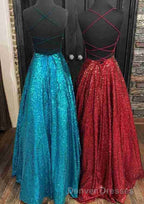 Fantasy Prom Dress, Princess A-line Bateau Sleeveless Sequined Long/Floor-Length Prom Dress