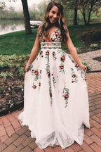 V-Neck Sexy Floral Embroidered Long Prom Dress