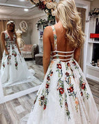 V-Neck Sexy Floral Embroidered Long Prom Dress