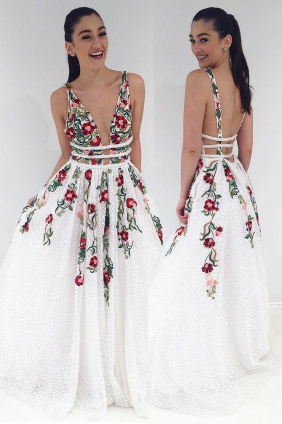 V-Neck Sexy Floral Embroidered Long Prom Dress