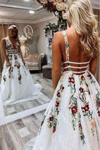 V-Neck Sexy Floral Embroidered Long Prom Dress