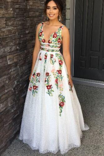 V-Neck Sexy Floral Embroidered Long Prom Dress
