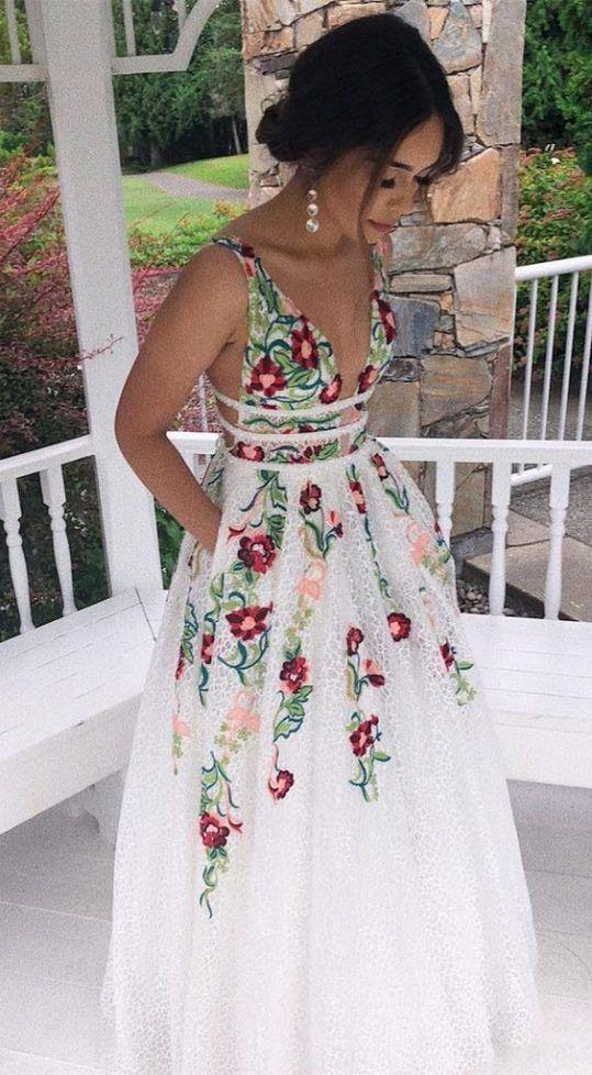 V-Neck Sexy Floral Embroidered Long Prom Dress
