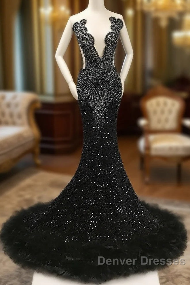 Black Mermaid Prom Dress with Beaeded and Feathers Main image