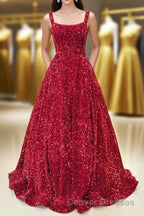 Red Sequin Square Neck Backless A-Line Long Prom Gown